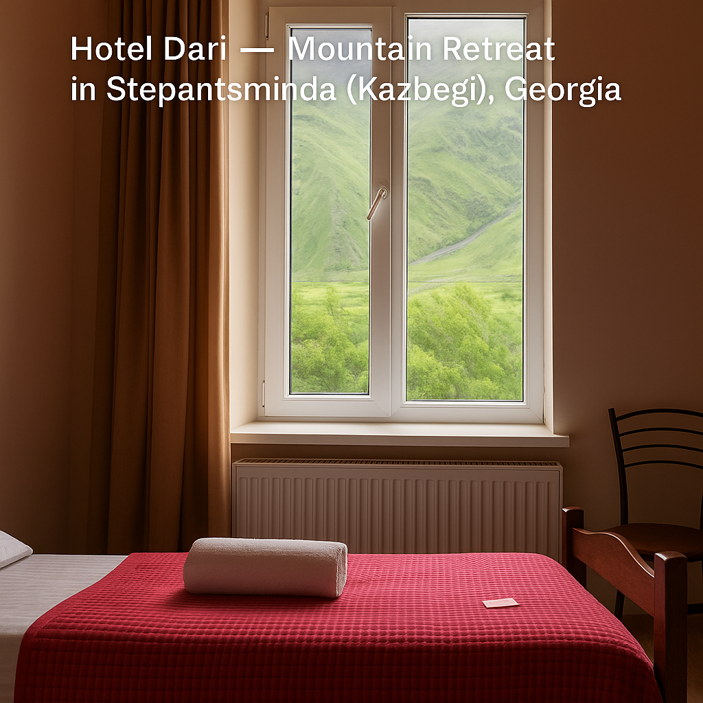 Hotel Dari facade with mountain vistas, Stepantsminda Georgia